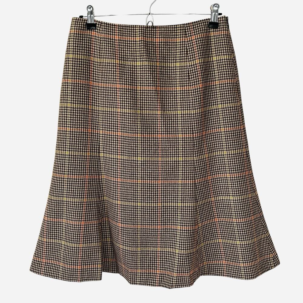 VTG Talbots Skirt 6 Petite Plaid Wool Flare Hem Houndstooth Academia Lined Brown